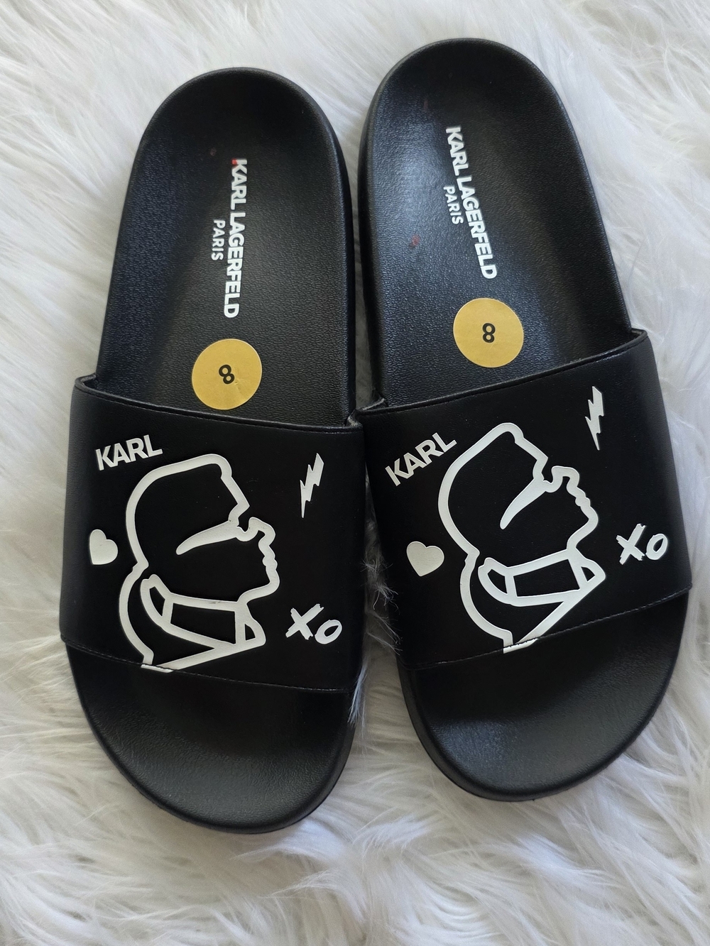 Karl Lagerfeld Black Womens Slide Sandals with White Graphic Size 8